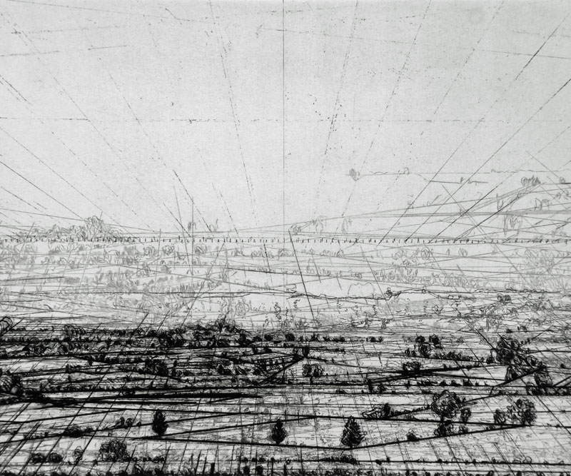 Eine Landschaft reduziert auf schwarze Perspektivlinien ohne Wolke auf weißem Büttenpapier gedruckt.